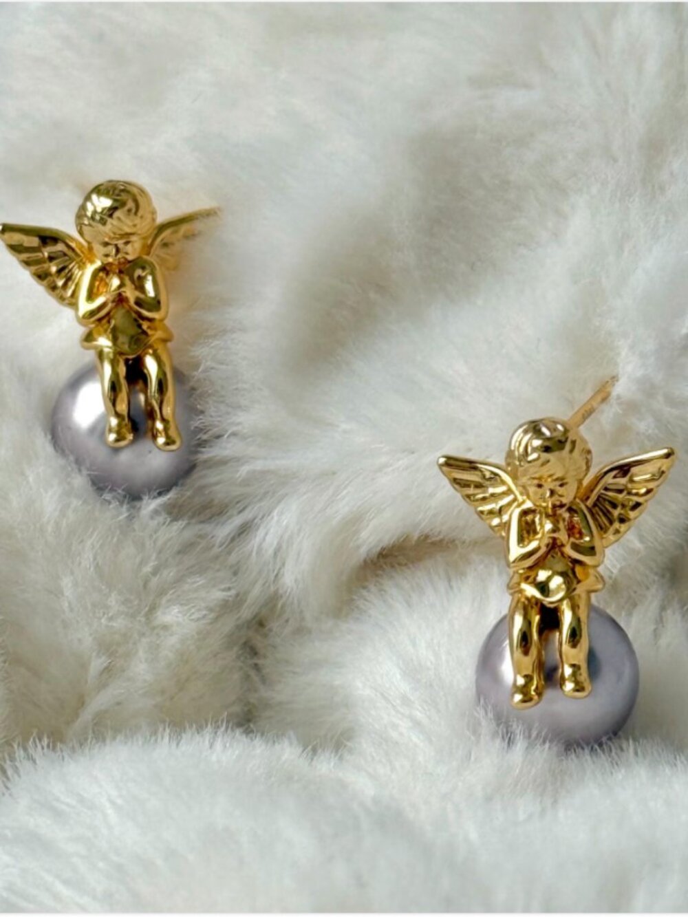 18K Gold Angel Stud Earrings Vintage Cherub Baroque Pearl Drop Jewelry